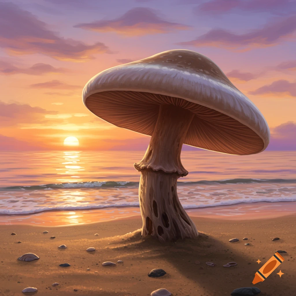 A large mushroom stands on a sandy beach at sunset.