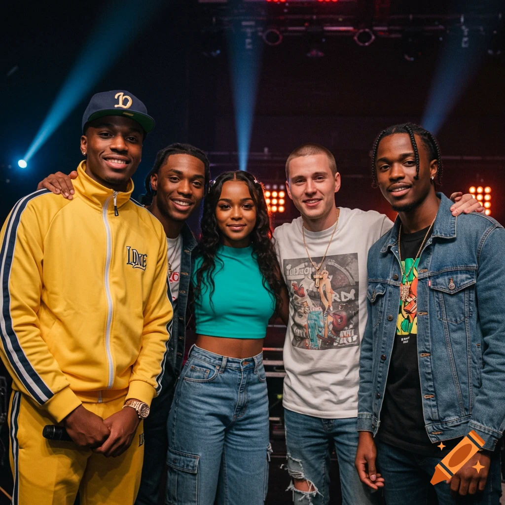 A group of five people pose on a stage with lights behind them.