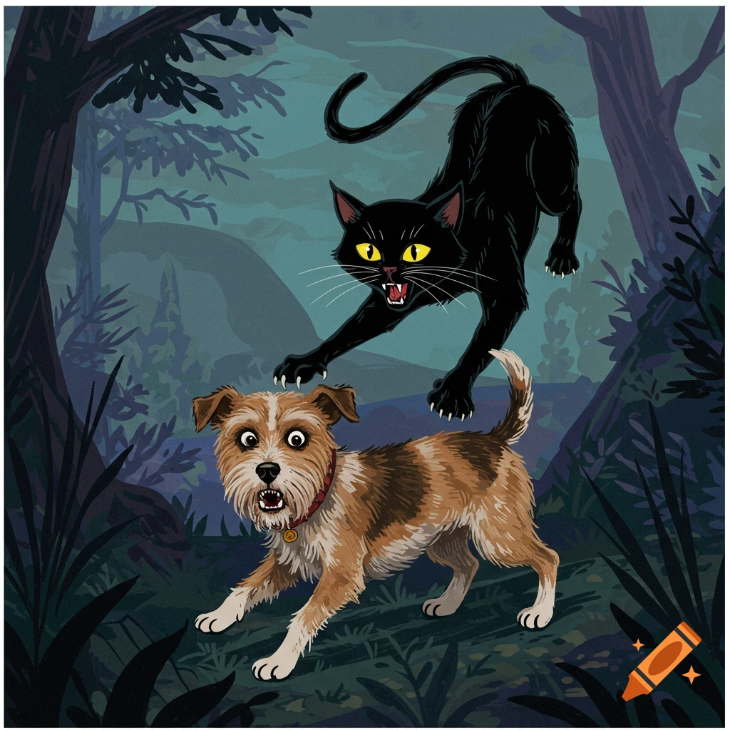 A black cat leaps onto a frightened dog in a dark forest.