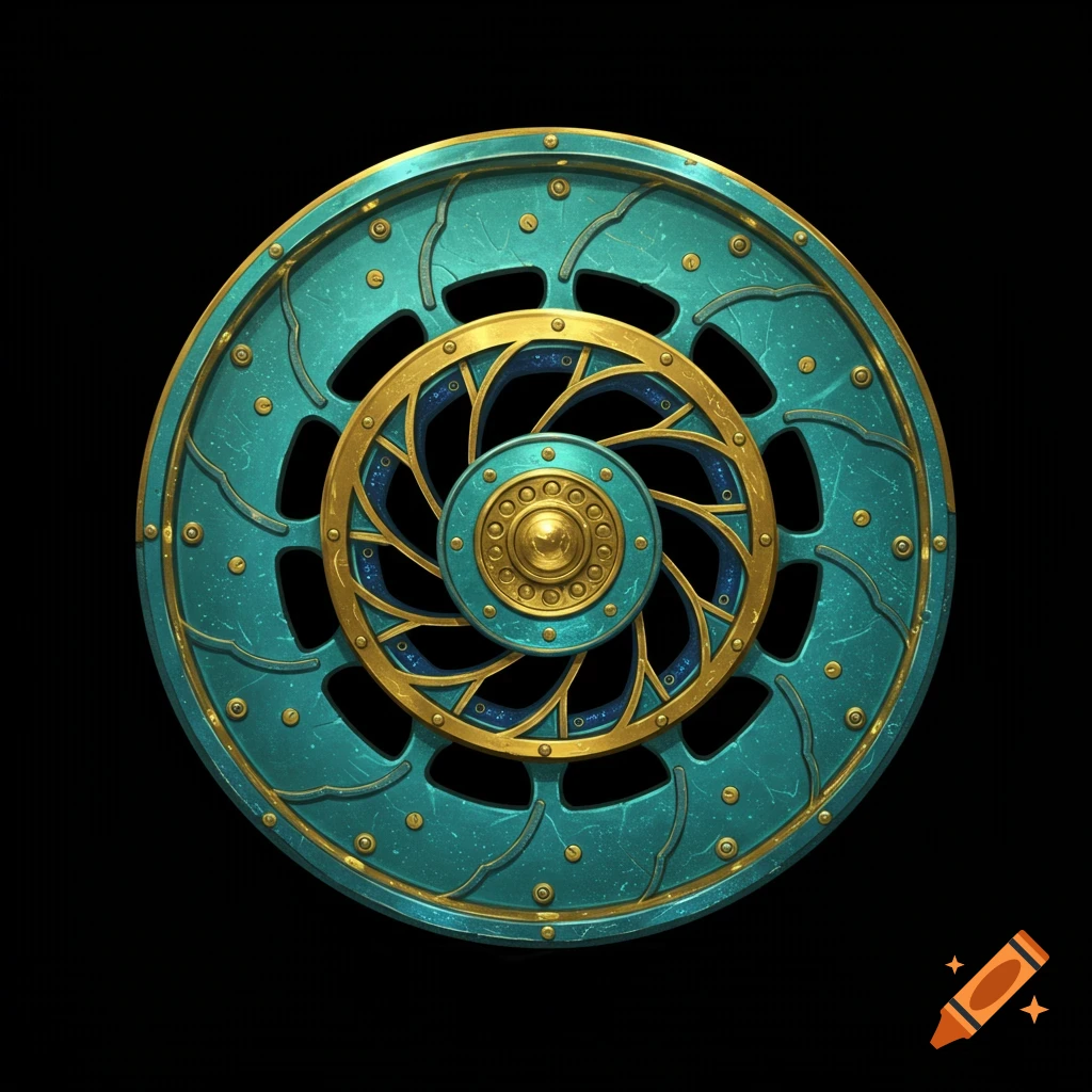 A teal and gold stylized wheel with a spiral design on black background.