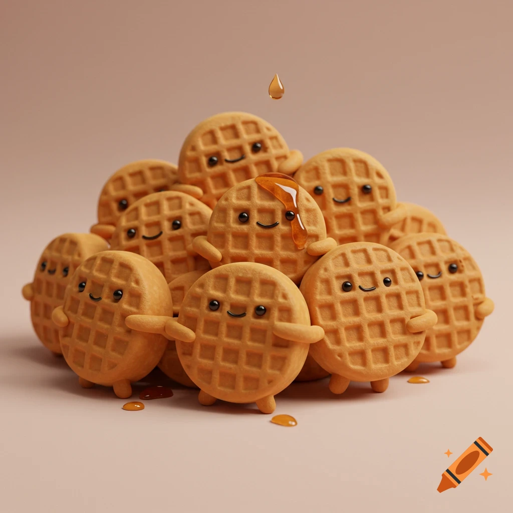 A pile of cute, round waffles with smiling faces and small arms and legs, being drizzled with maple syrup.