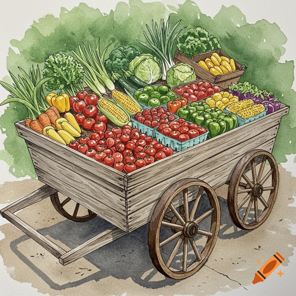 Watercolor illustration of a wooden cart filled with colorful fruits and vegetables.