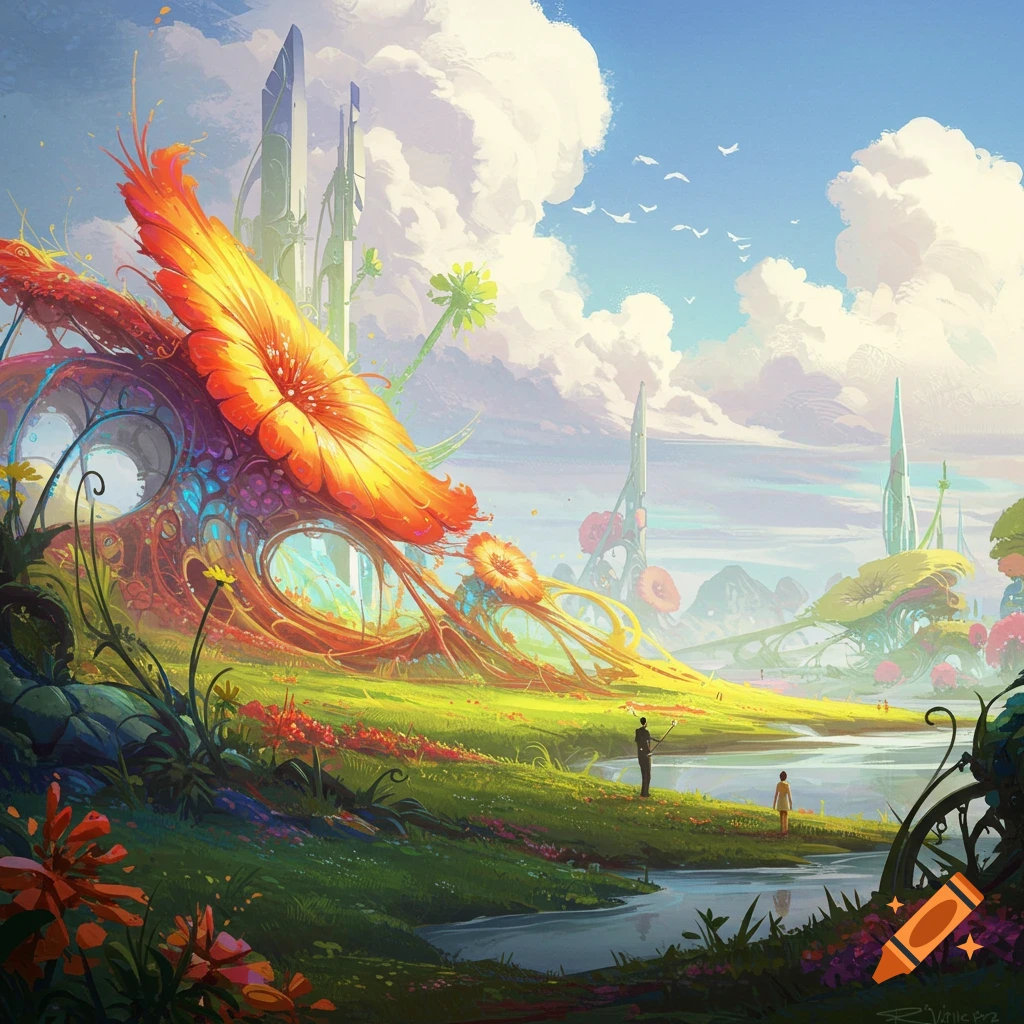 A vibrant fantasy landscape with giant flowers, futuristic spires, river, and tiny figures.