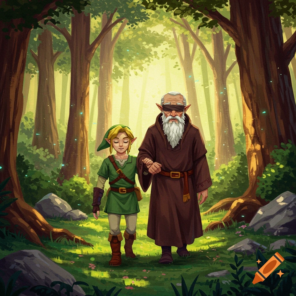 A blind Link walks with a blind old man in a forest.