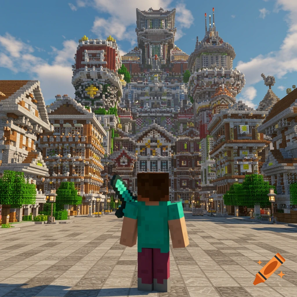 A Minecraft player holding a sword stands in a city square looking at a giant pixelated city.