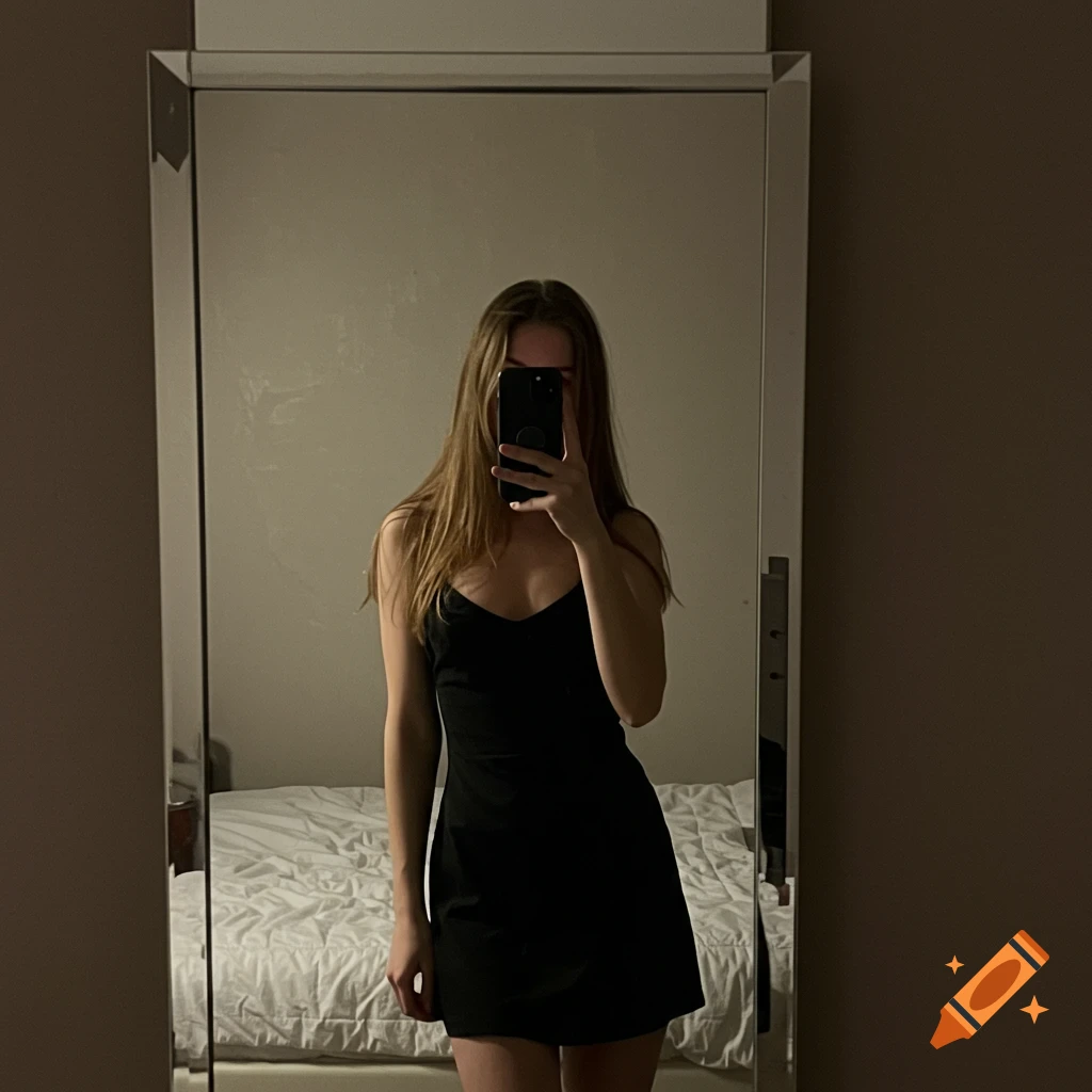 Young woman in black dress takes mirror selfie with phone covering her face, bedroom in background. on Craiyon Young woman in black dress takes mirror selfie with phone covering her face, bedroom in background. on Craiyon