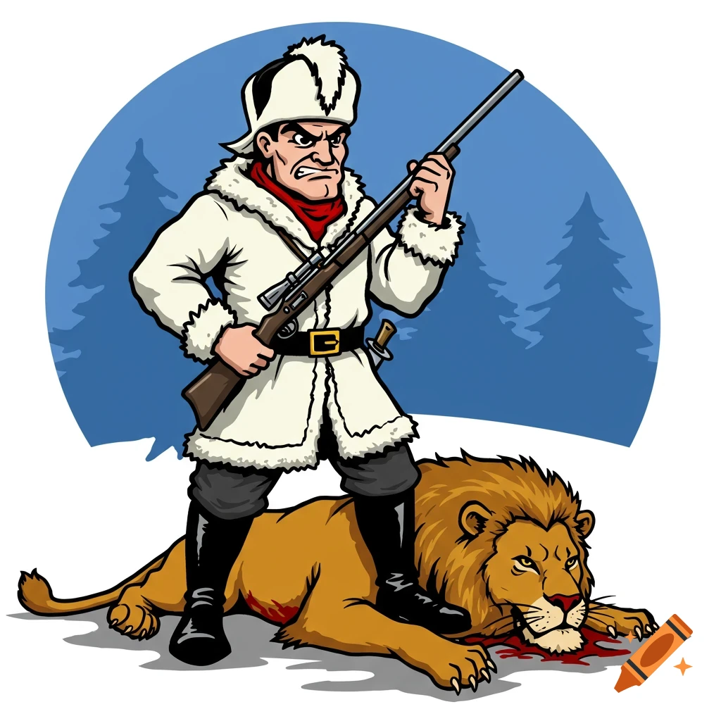 Cartoon drawing of a man in a white fur coat and hat holding a rifle, standing over a dead lion. The background is a blue circle with trees.