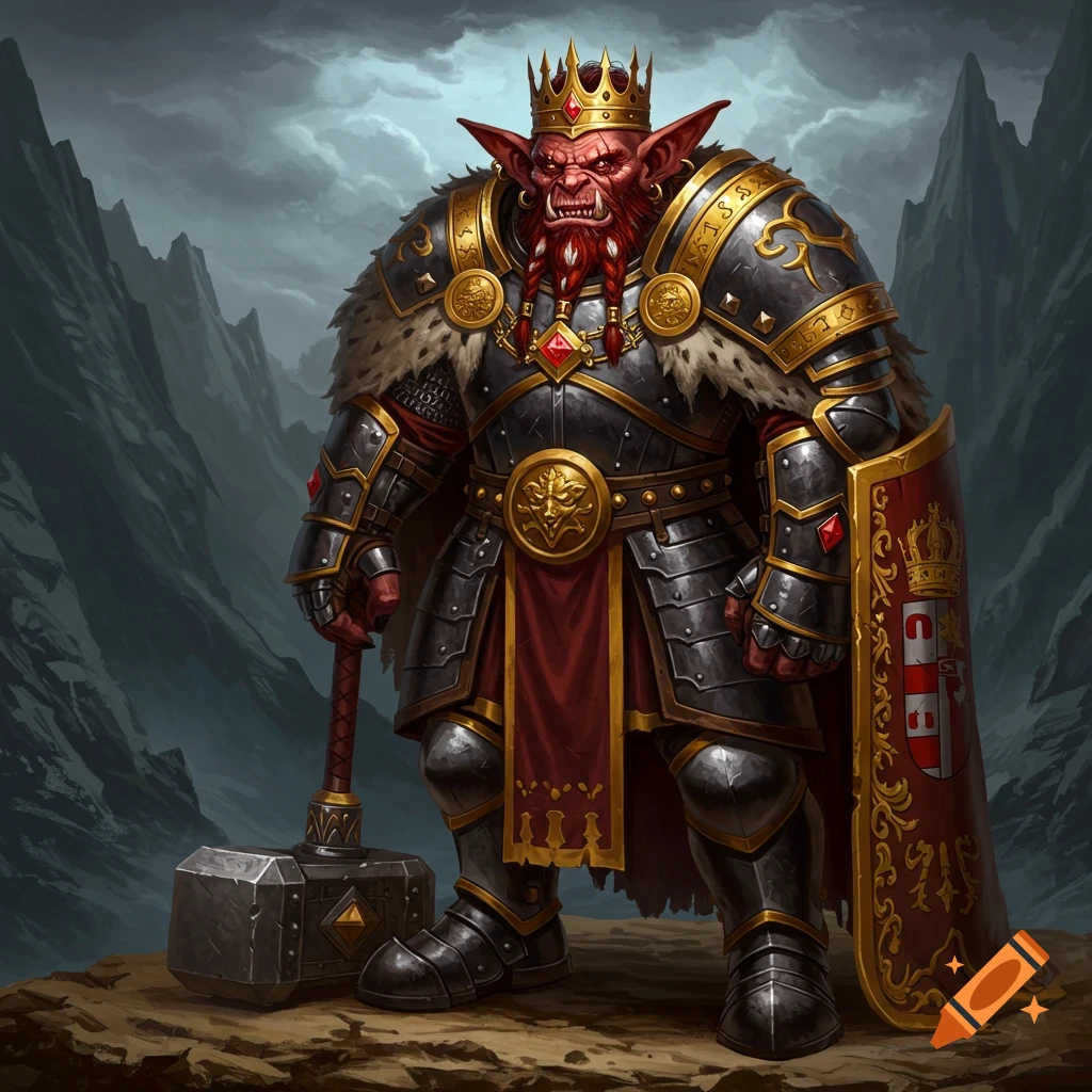 A battle-scarred red-skinned hobgoblin king in ornate armor holding a hammer, standing in a mountain landscape.