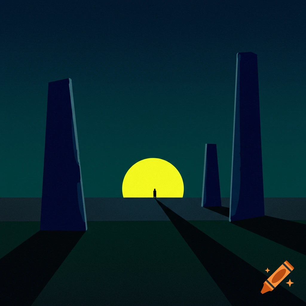 Minimalist image of a large yellow sun and dark pillars casting long shadows over a landscape, with a tiny person silhouette in the distance.