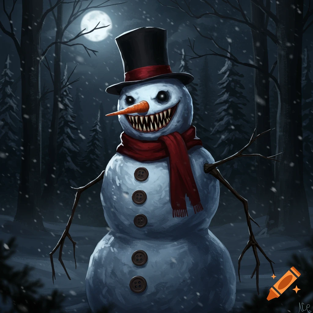 A creepy snowman with sharp teeth in a top hat and red scarf stands in a dark, snowy forest under a full moon.