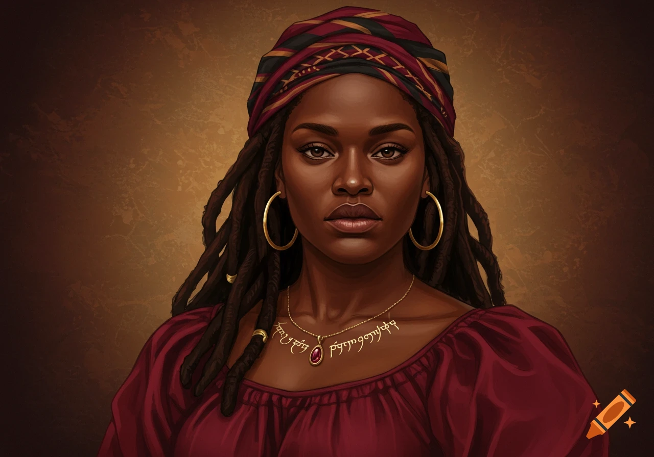 Portrait of a Black woman with dreadlocks, a head scarf, gold hoops, and a necklace with text.