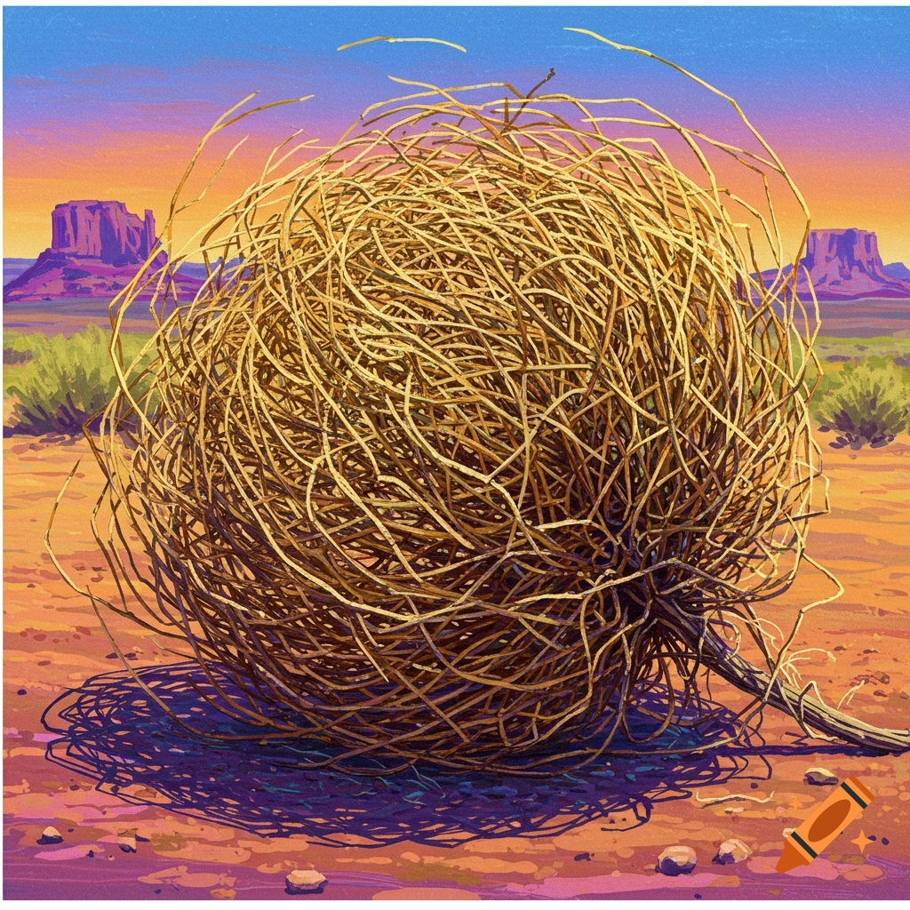 A large tumbleweed sits in a desert landscape with buttes and bushes under an orange and blue sky.