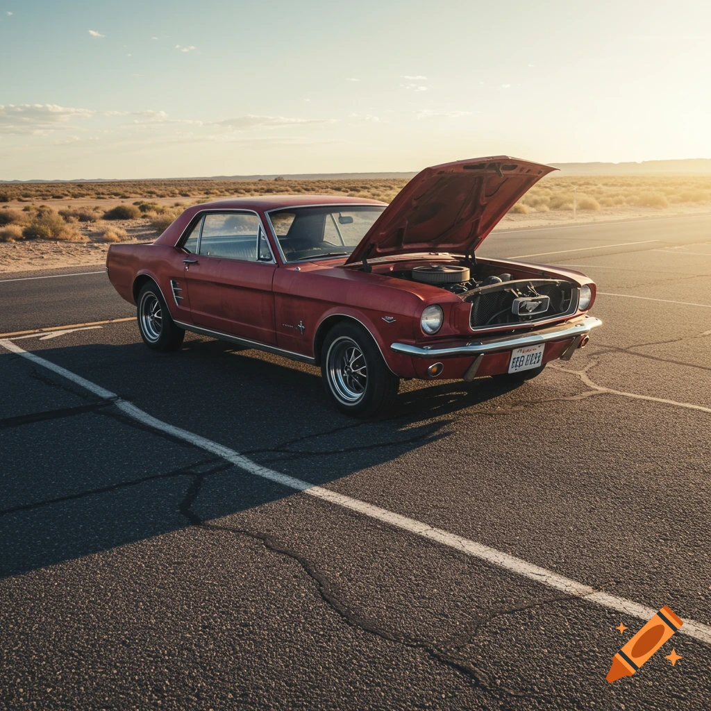 Red classic car with hood open on a desert road during sunset