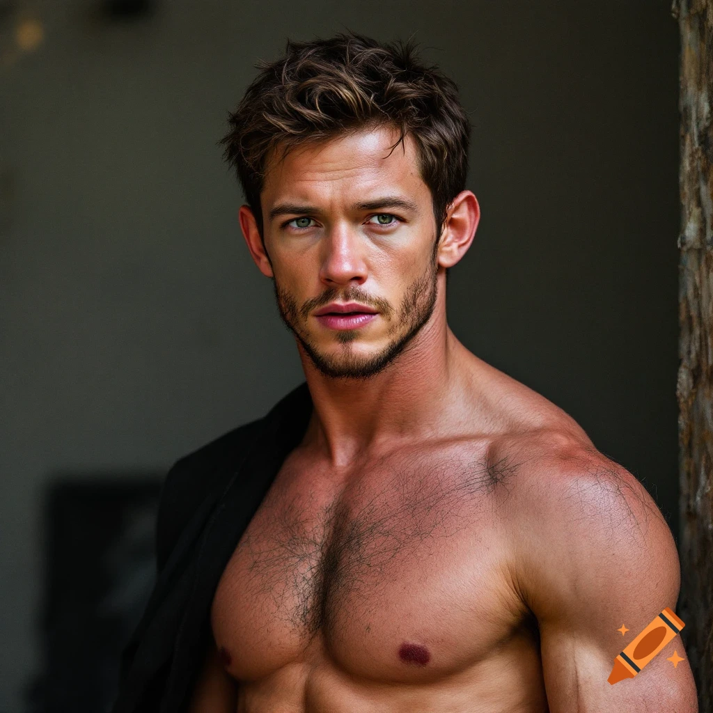 A realistic portrait of a shirtless man with a beard looking at the camera.
