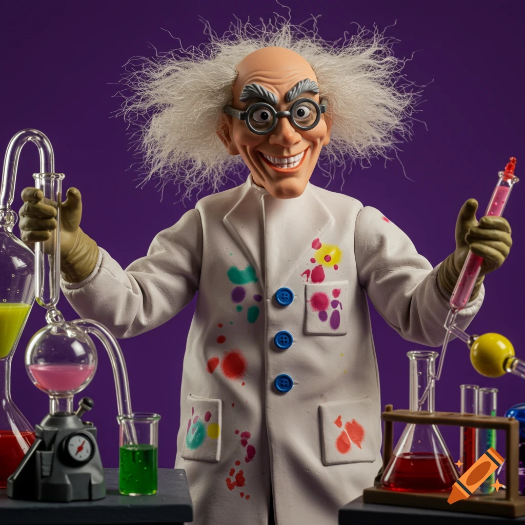 A mad scientist toy figure holding lab equipment.
