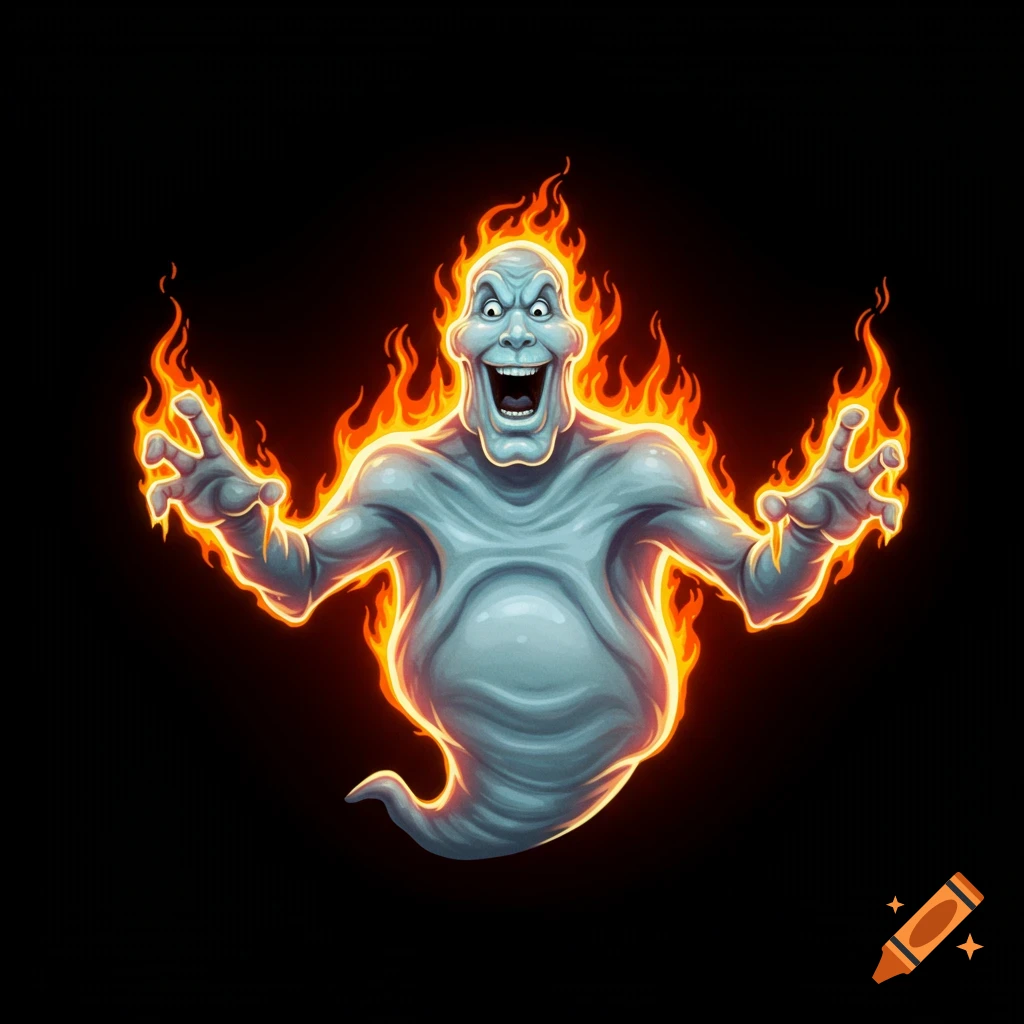 Cartoon ghost character engulfed in flames against a black background.