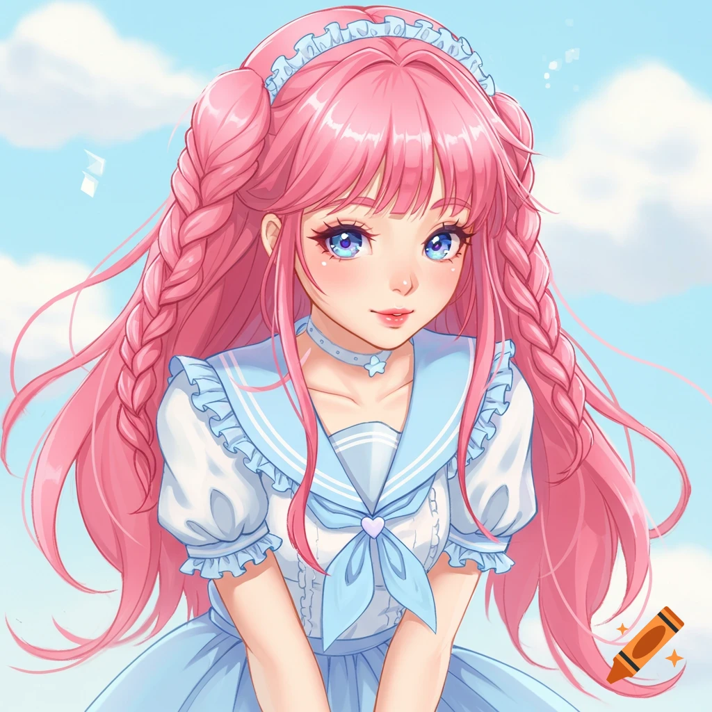 Anime portrait of a girl with pink hair in a sailor dress against a sky background.