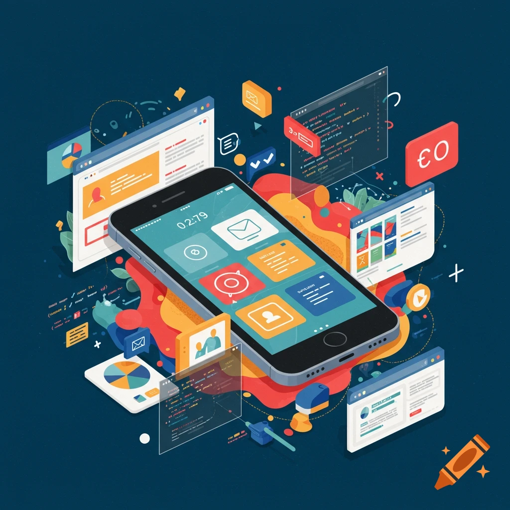 Digital illustration of a smartphone surrounded by web browsers, code, charts, and design elements, representing tech development.