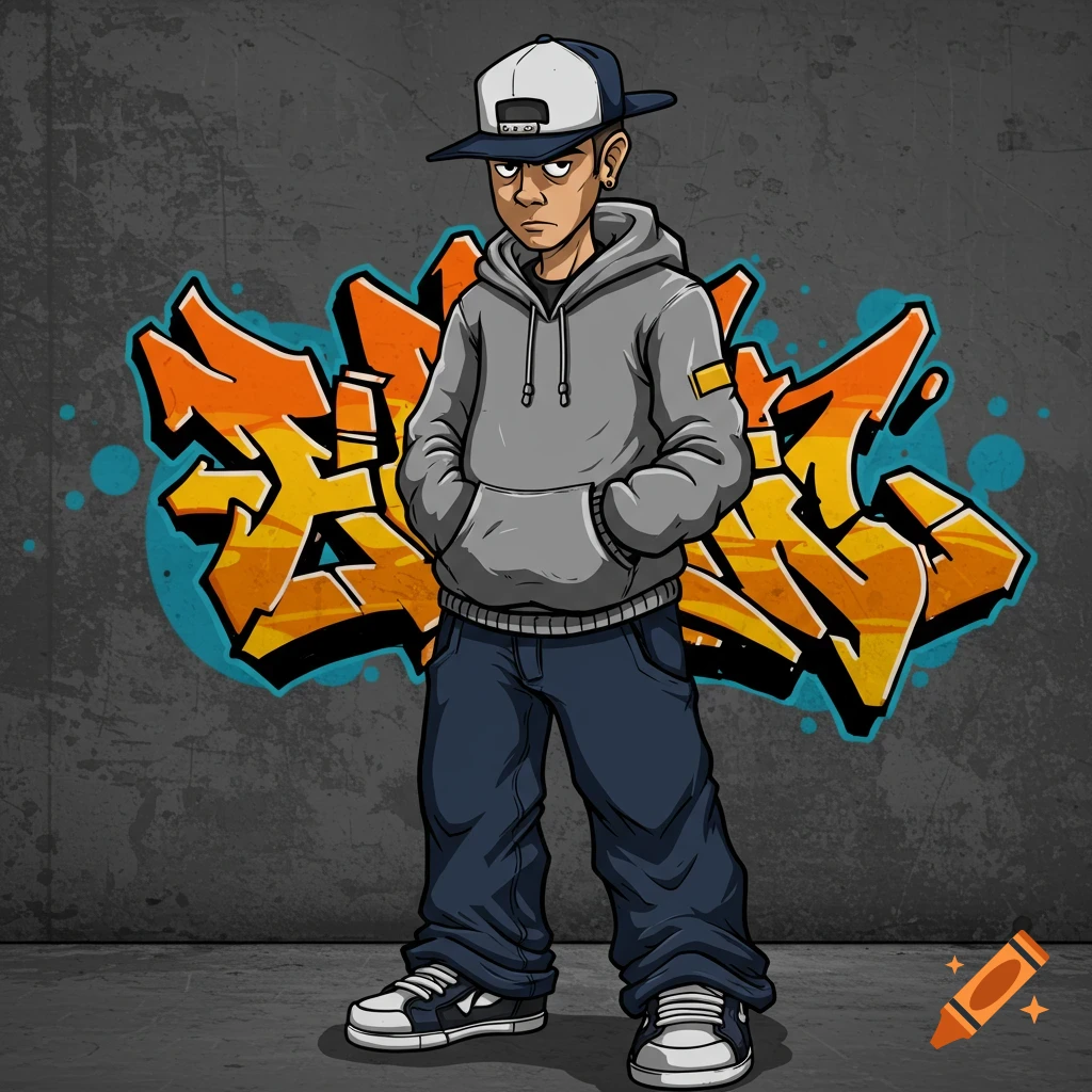 Cartoon character standing in front of orange and blue graffiti.