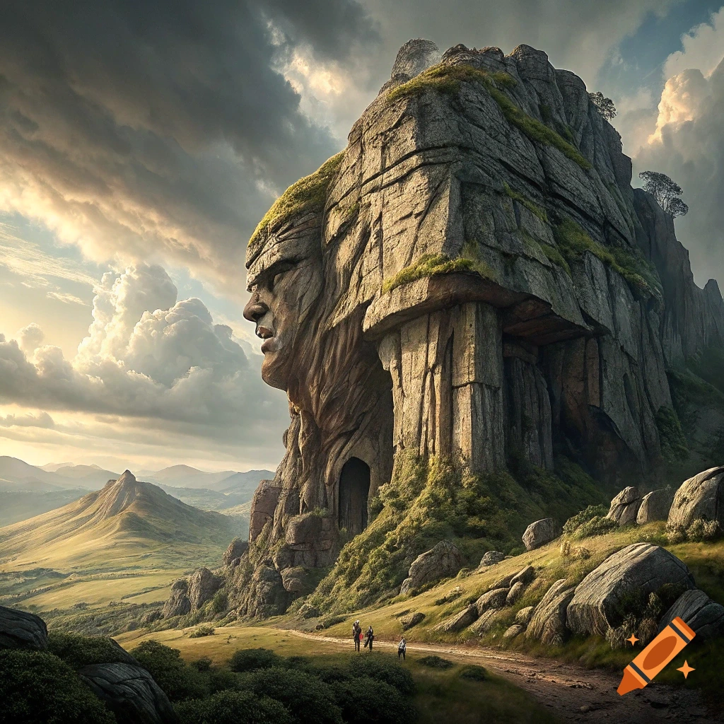 A vast landscape features a massive rock formation shaped like a human face, under a dramatic cloudy sky.