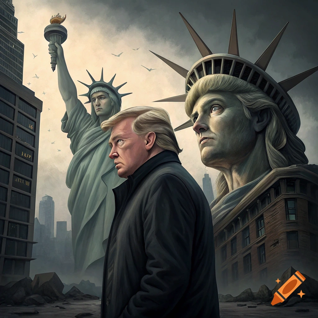 Donald Trump and two large, stylized figures resembling the Statue of Liberty in a destroyed cityscape under a dark sky.