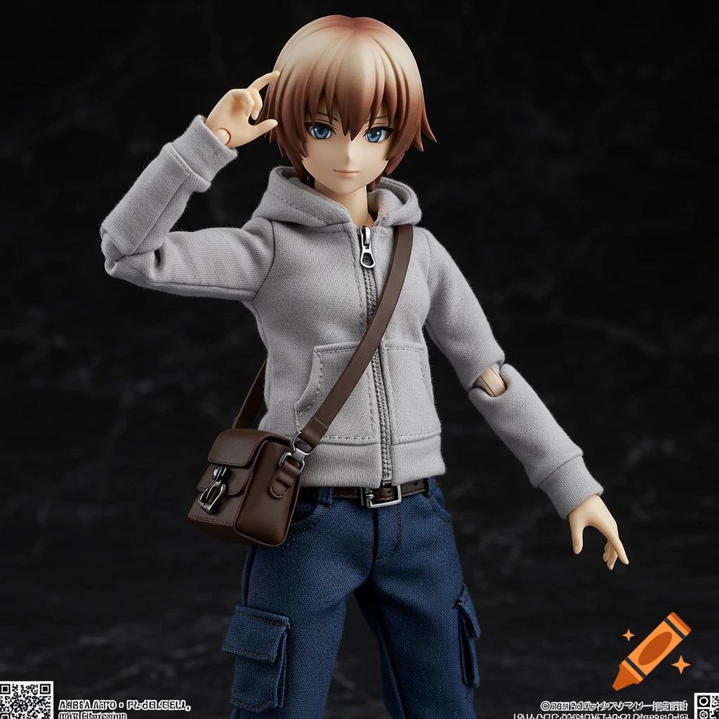 Action figure of an anime character in a grey hoodie, blue jeans, and messenger bag, striking a pose.