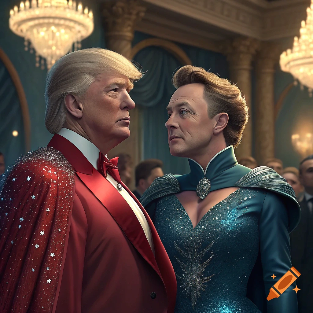 Two men resembling Trump and Musk in elaborate formal outfits face each other in a grand hall
