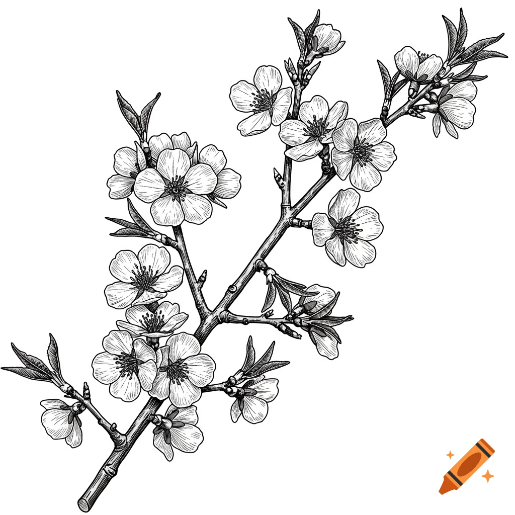 Black and white botanical illustration of a branch with almond blossoms and leaves.