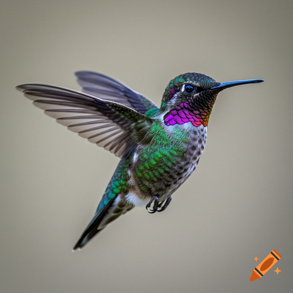 Close-up of a hummingbird with iridescent green and purple feathers in flight.
