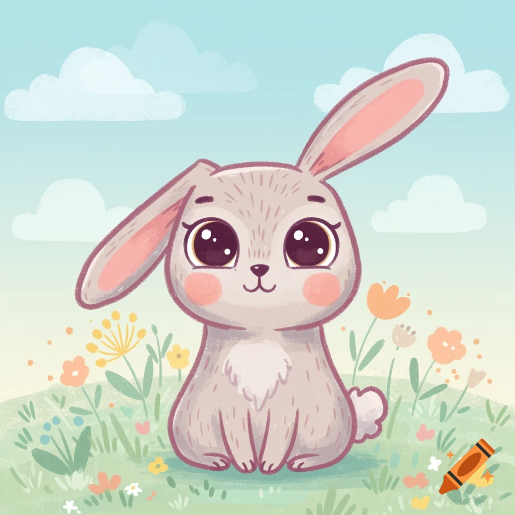 A cute cartoon bunny with big eyes sits in a flowery meadow under a cloudy sky.
