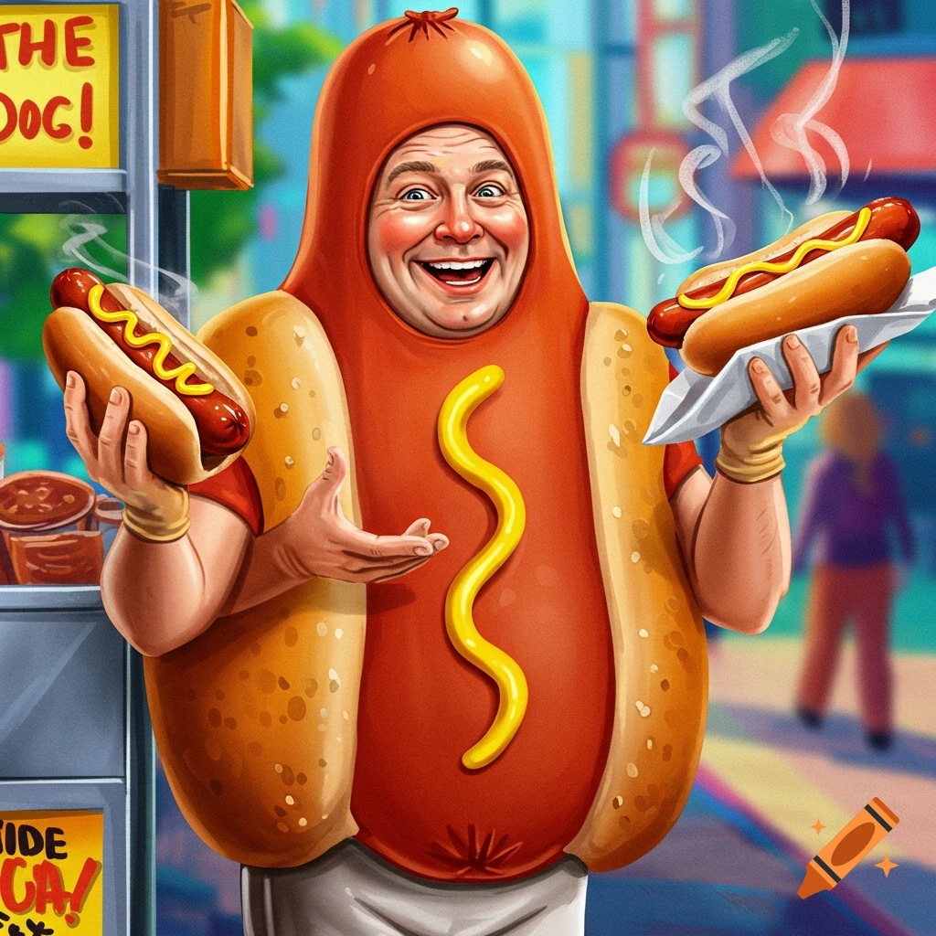 A person in a hot dog costume is holding two hot dogs.