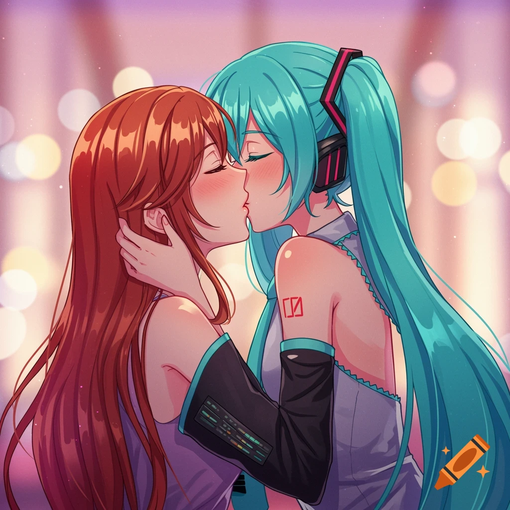 Anime illustration of two women, one with turquoise hair (Hatsune Miku) and one with auburn hair, kissing.