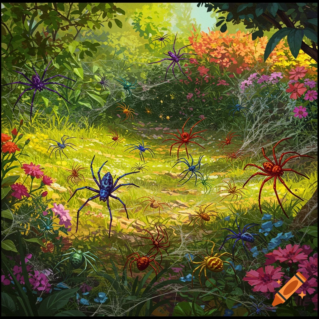 A vibrant scene shows many colorful spiders in a lush garden landscape filled with flowers and webs.