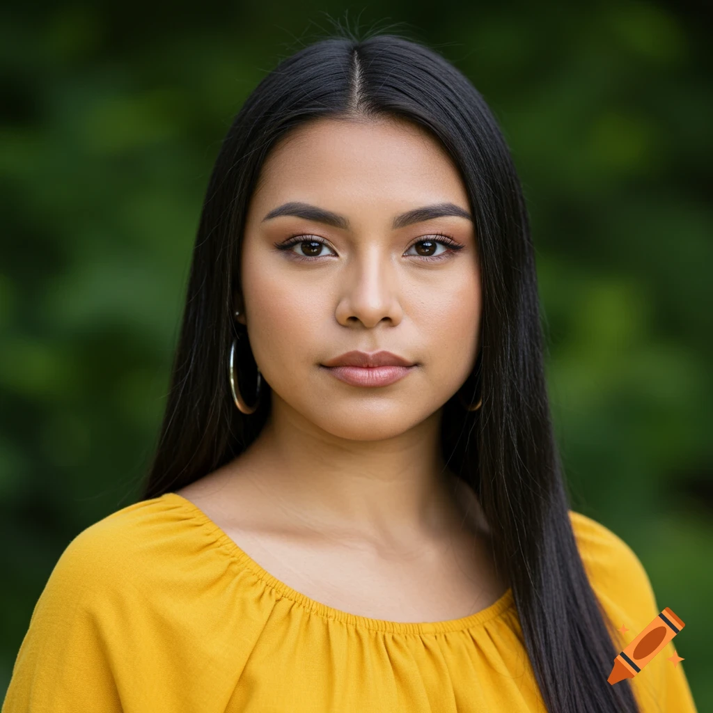 A close-up portrait of a young woman with long black hair and a yellow blouse against a green background.