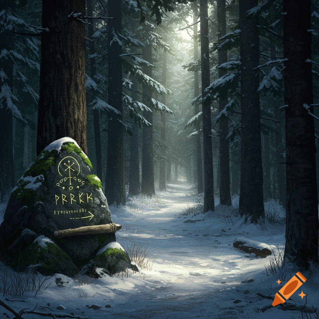 A snowy forest path with sunlight filtering through trees, beside a mossy rock carved with runes and an arrow.