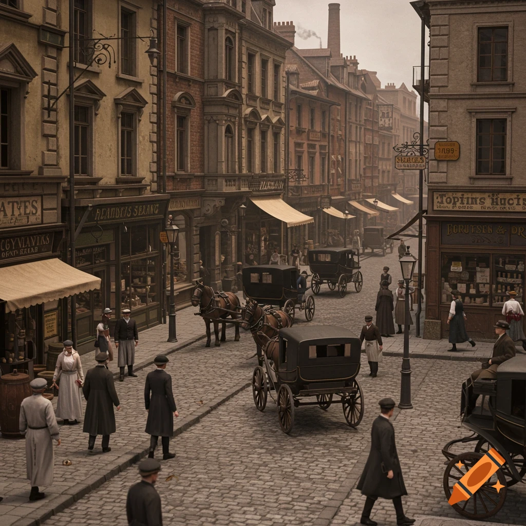 A bustling street scene in a historical city with people, horse-drawn carriages, and old buildings
