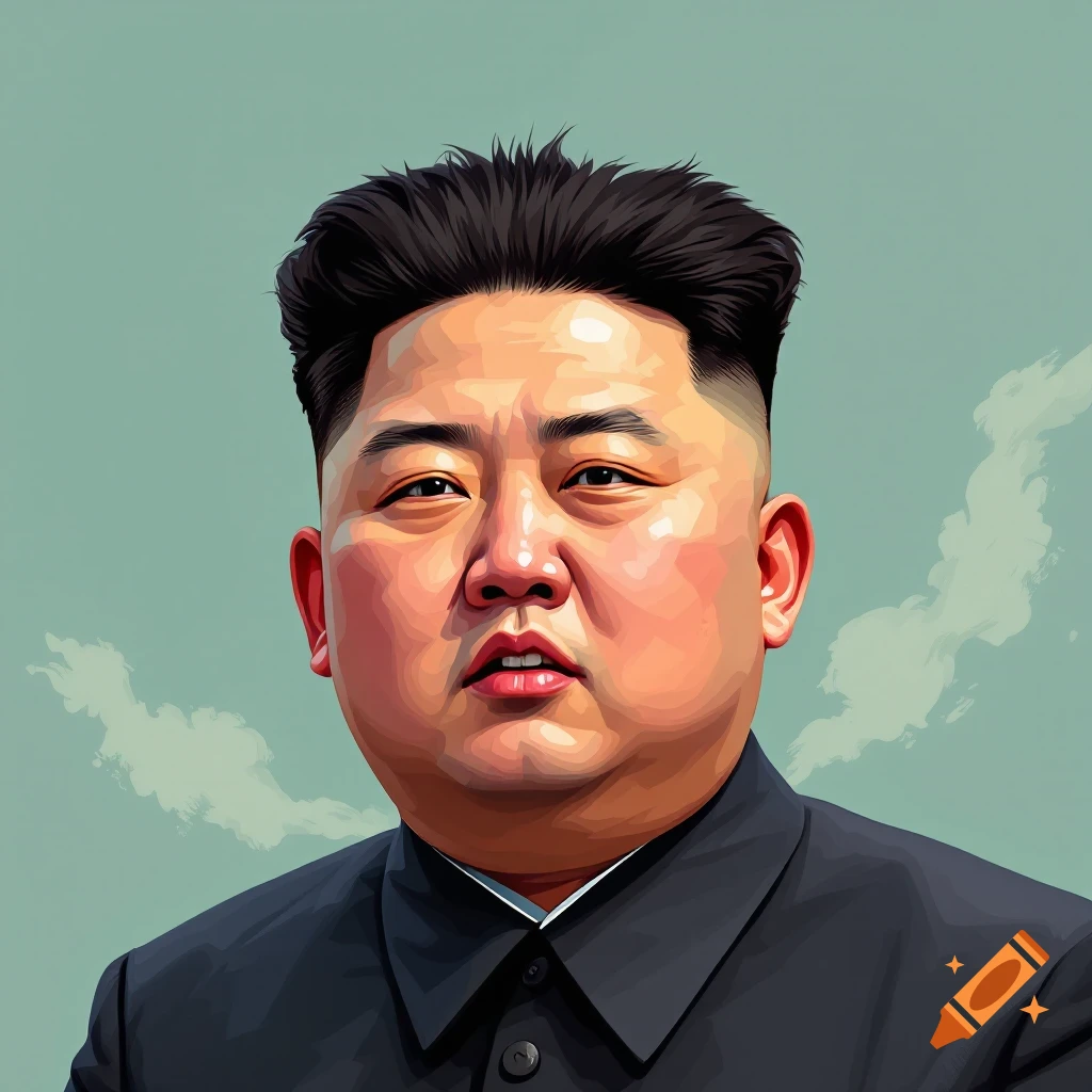 Stylized illustration of a man resembling Kim Jong Un against a green background