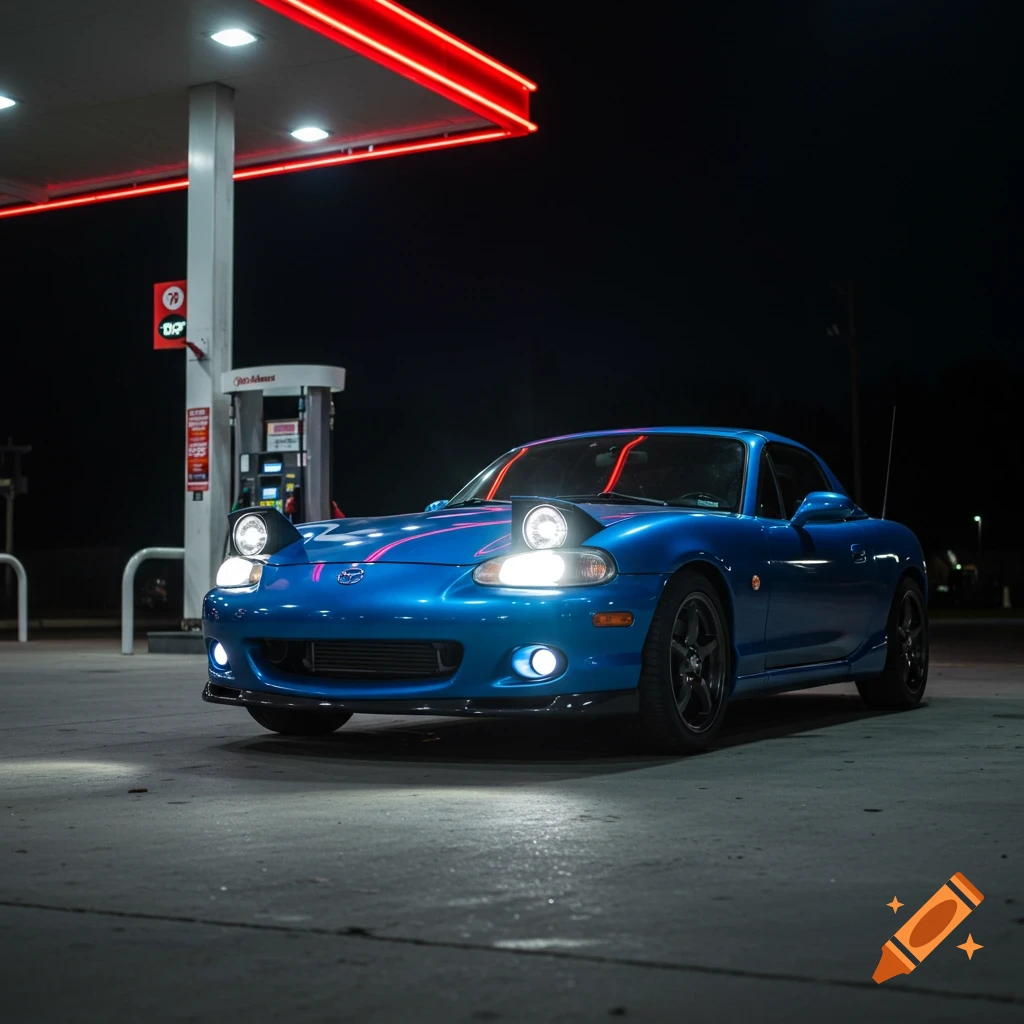 Low angle front view of a blue Mazda Miata at a gas station at night.