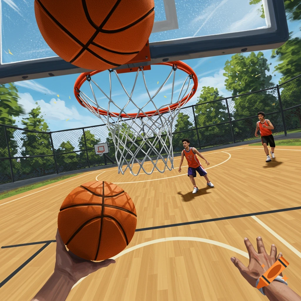 First-person view of a basketball shot going into a hoop on an outdoor court with players.