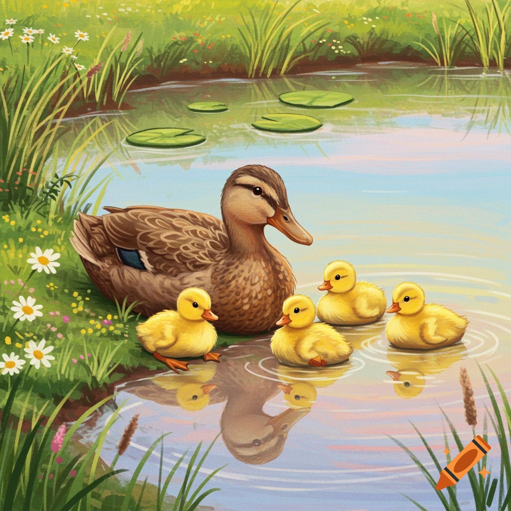 Whimsical scene of a mother duck and four ducklings in a pond with lily pads, surrounded by grass and wildflowers.