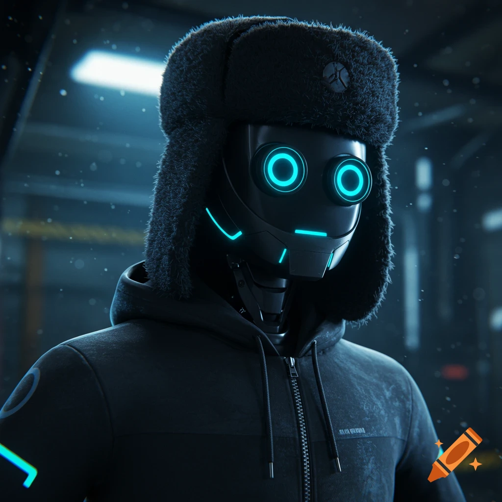 Close-up of a robot character wearing a black Ushanka hat and hoodie in a dark, snowy industrial setting with blue lights.