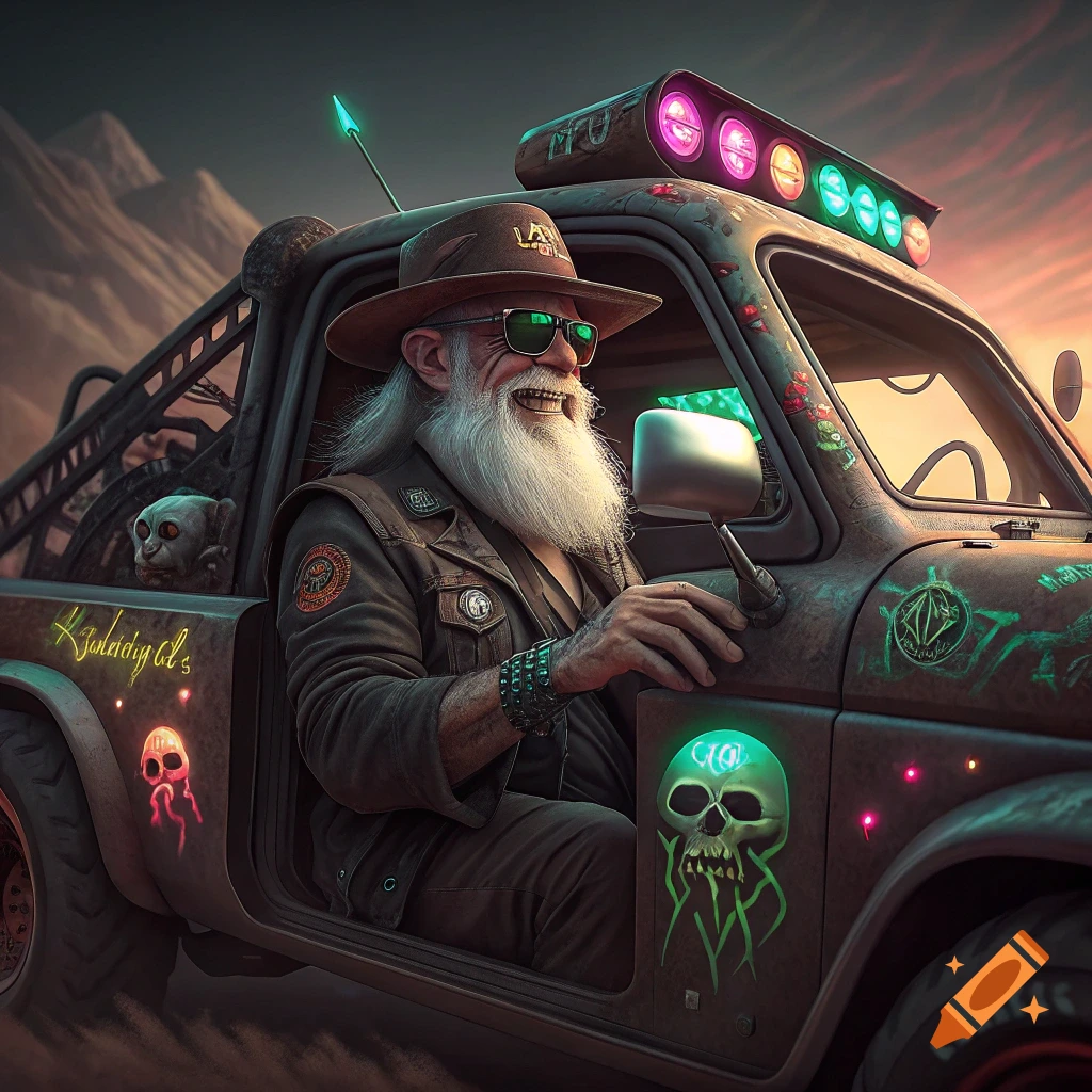 Man with white beard driving a custom truck in a desert setting, stylized art.