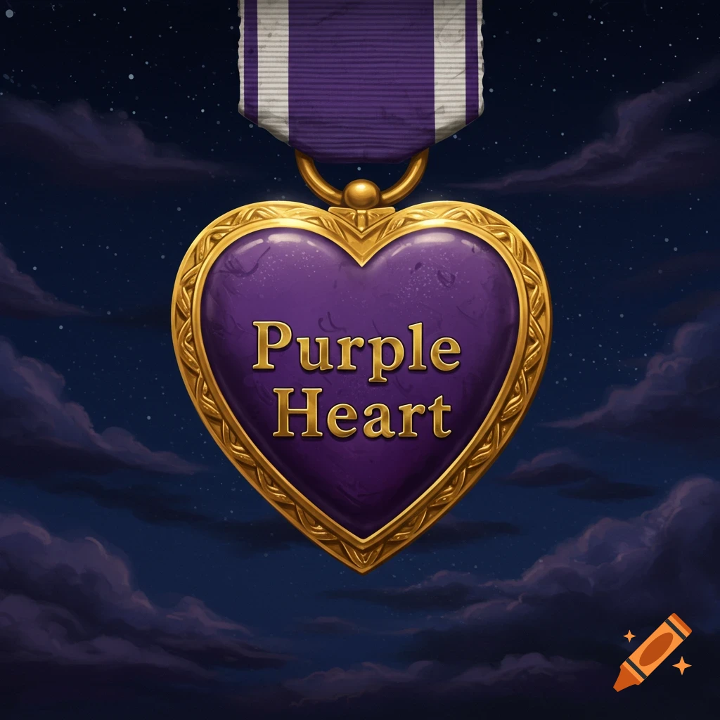 A Purple Heart medal against a dark, cloudy night sky.