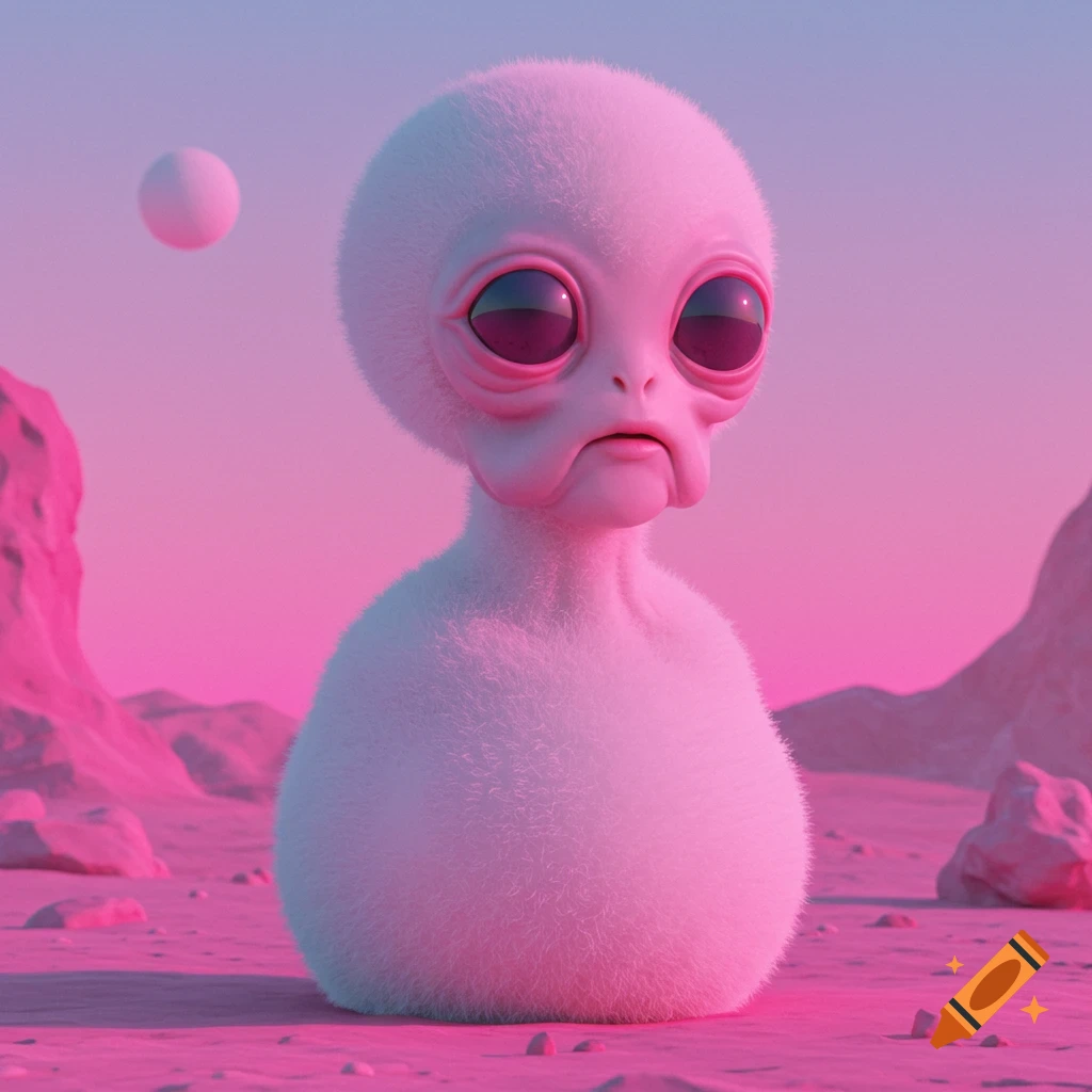 Fuzzy white alien with large dark eyes in a pink desert landscape with a floating sphere.