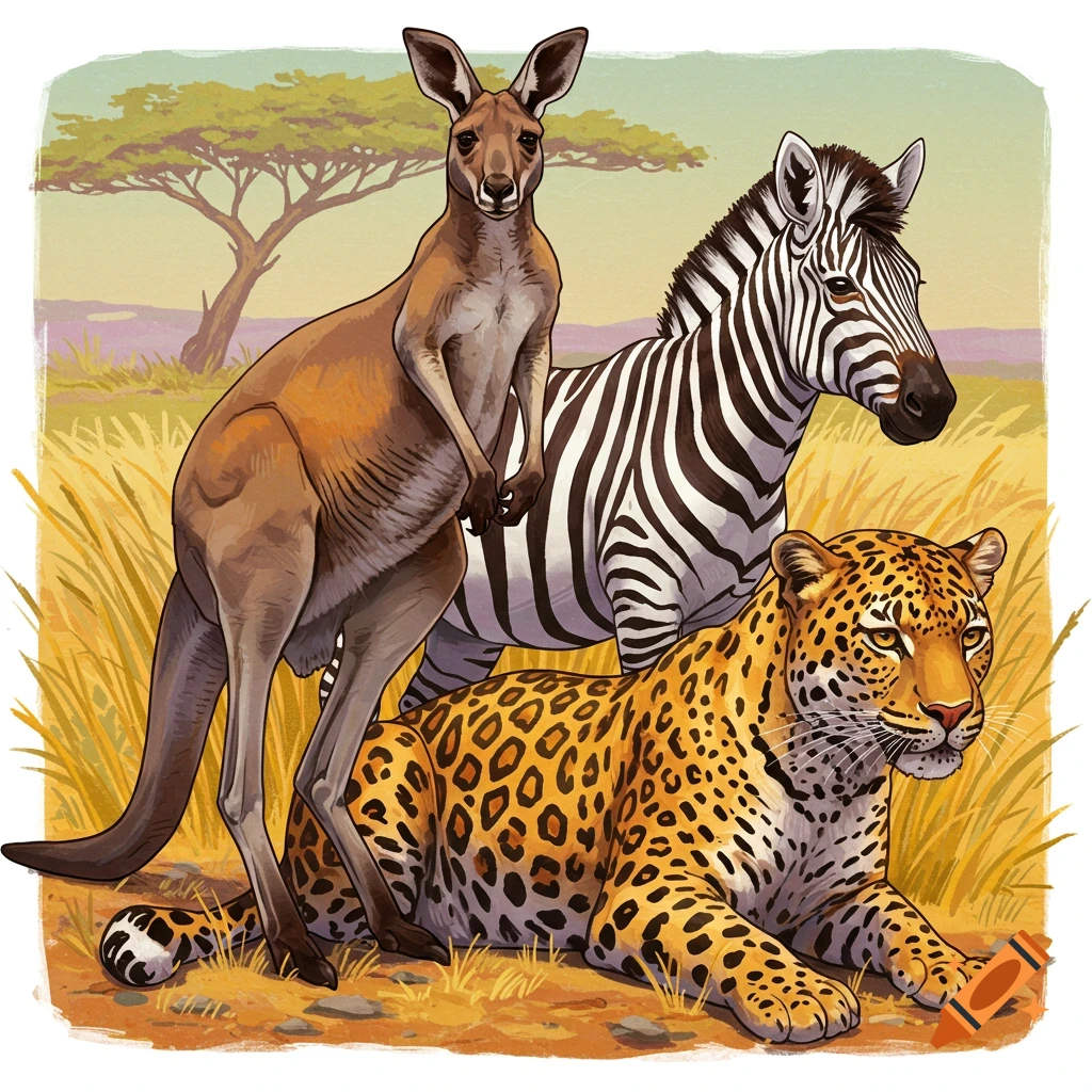 A kangaroo, zebra, and leopard in a savanna landscape.