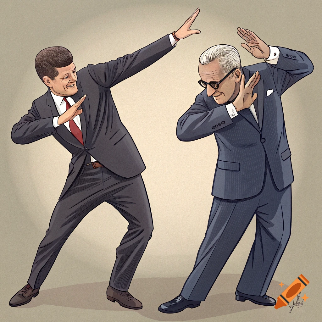 Illustration of JFK and LBJ in suits doing the dab pose.