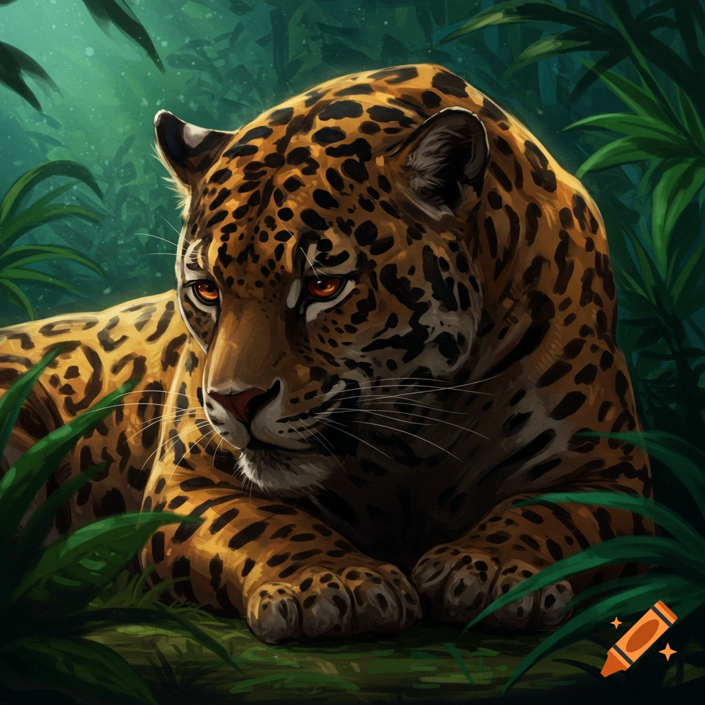 A jaguar lying in a jungle.