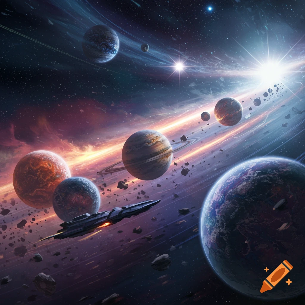 A spacecraft flying past multiple colorful planets, rings, and asteroids in a vibrant nebula-filled space.