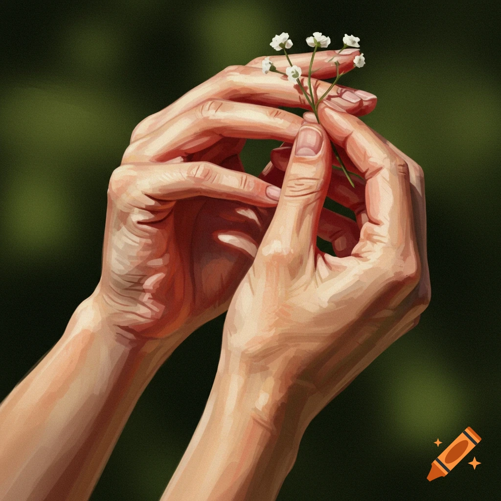 Hands are holding a small branch of white flowers against a dark green background.