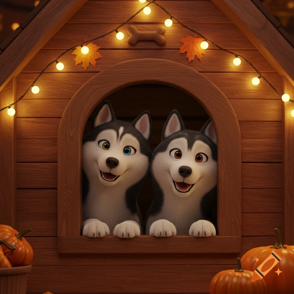 Two animated husky dogs look out from a cozy wooden doghouse decorated for fall.
